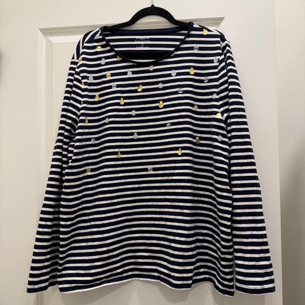 Talbots Navy Striped Long Sleeve Tee Metallic Christmas Ornaments Plus 3X